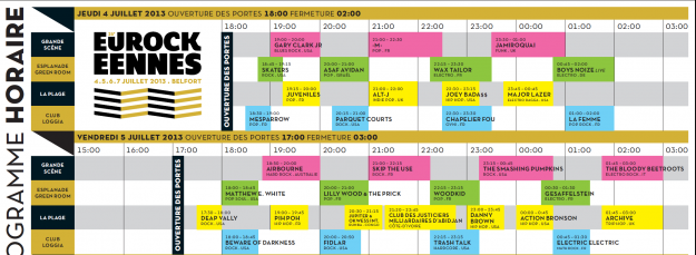 Eurockéennes 2013 - Horaires du jeudi et du vendredi - La Déviation