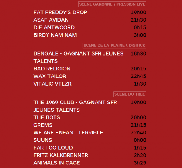 Horaires des concerts du vendredi 28 juin à Garorock - La Déviation