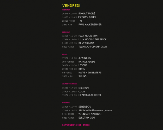 Horaires du vendredi 19 juillet 2013 aux Vieilles Charrues - La Déviation
