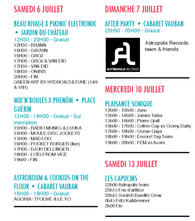 Horaires du samedi 6, dimanche 7, mercredi 10 et samedi 13 juillet à Astropolis 2013 - La Déviation