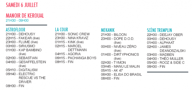 Horaires du samedi 6, au Manoir de Keroual, à Astropolis 2013 - La Déviation