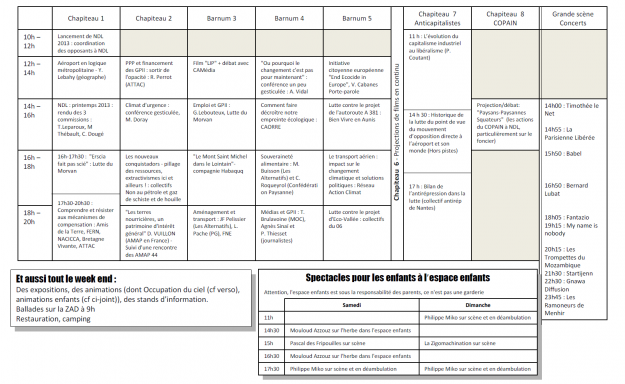 Programme des concerts et conférences du samedi 3 août 2013 à Notre-Dame-des-Landes.