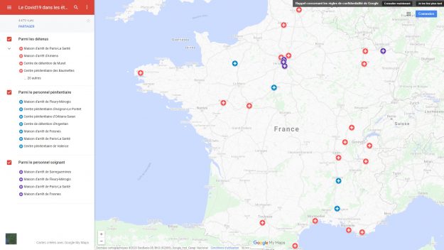 200407 - Carte du Covid-19 dans les prisons françaises by Observatoire international des prisons - La Déviation